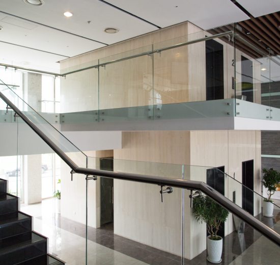 Modern interior design of office building. Empty lobby of condominium building. Two-level house design concept